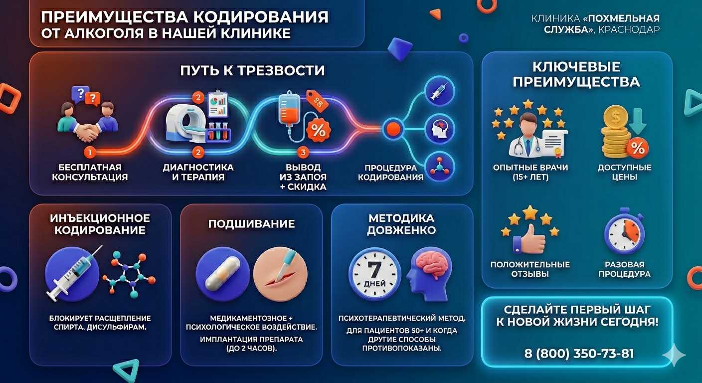 Инфографика о методах кодирования от алкоголя в Старонижестеблиевской: инъекции, подшивание, метод Довженко. Преимущества клиники и этапы лечения.