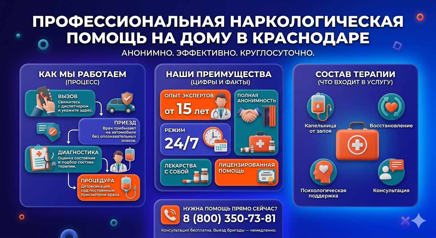 Инфографика о принципах лечения алкоголизма на дому в Старонижестеблиевской: этапы вызова нарколога, преимущества анонимной детоксикации и состав медицинской помощи.